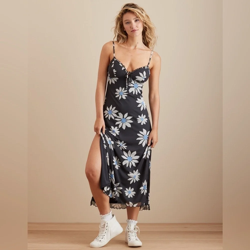 Y2K Coquette Mesh Daisy Slip Dress Blue Floral Sheer Maxi Midi American Eagle S